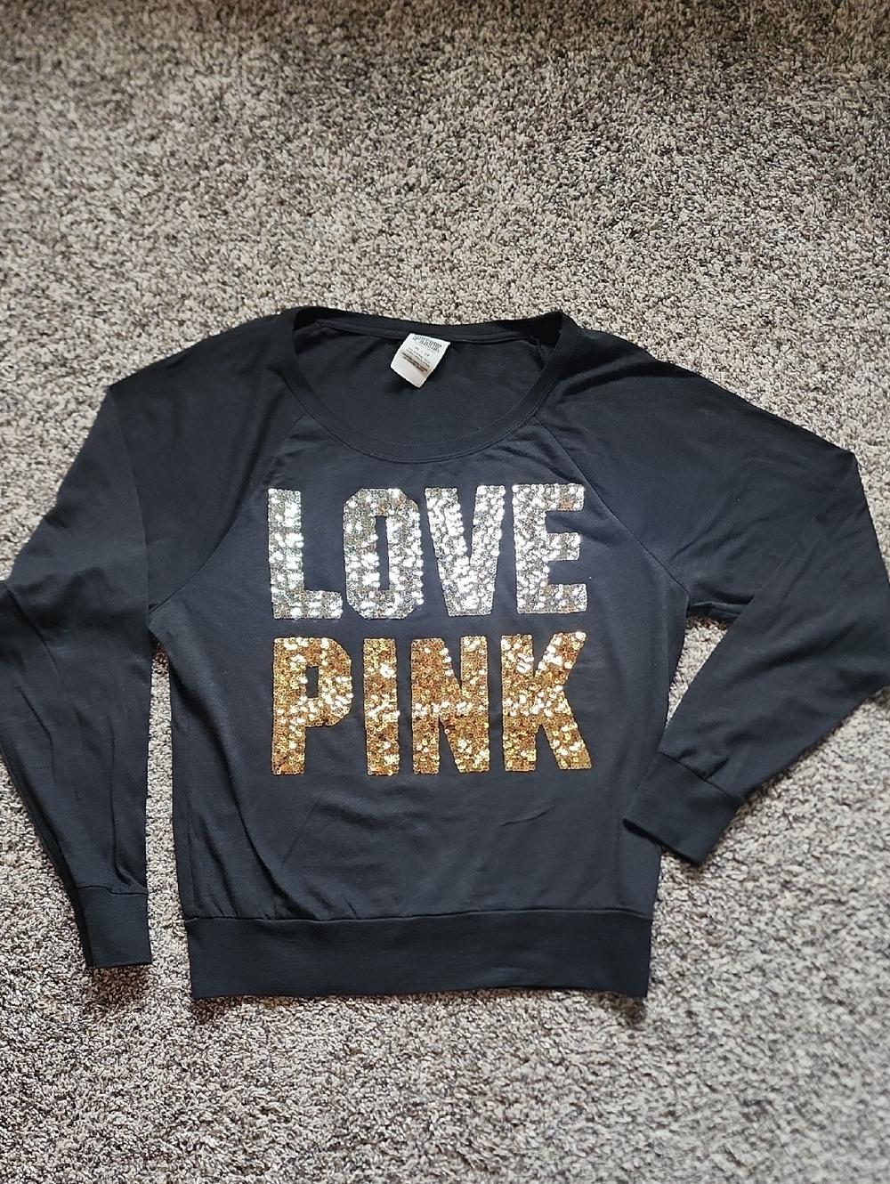 PINK Victoria's Secret Black Sequin 'LOVE PINK' Sweatshirt